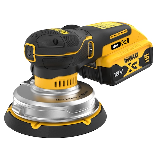 DEWALT 18V XR cordless sander with 150mm pad and 5Ah battery, black and yellow, shown close up.