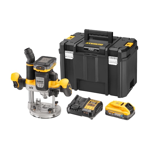 A DEWALT cordless router kit including a yellow and black router, a black storage case, a battery charger, and a battery.