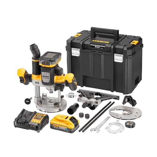 A DEWALT cordless router kit with yellow and black router, various accessories and attachments, battery, charger, and a black hard carrying case.
