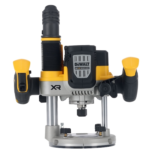 Front view of a DEWALT DCW620NT 18V XR cordless brushless plunge router with ergonomic handles and a robust, professional design, shown against a white background.