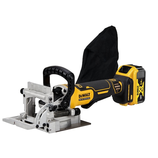 A DEWALT cordless biscuit joiner with a black dust bag, yellow and black body, adjustable metal fence, and an 18V XR battery.