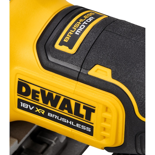 Close-up view of a DEWALT power tool, showing yellow and black casing with visible labels for 18V XR Brushless and Brushless Motor.
