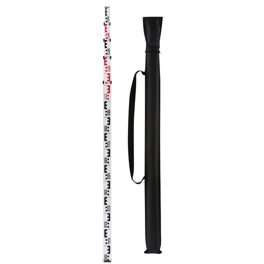 DEWALT leveling rod with measurement scale and black carrying case, used for photography and surveying tasks.