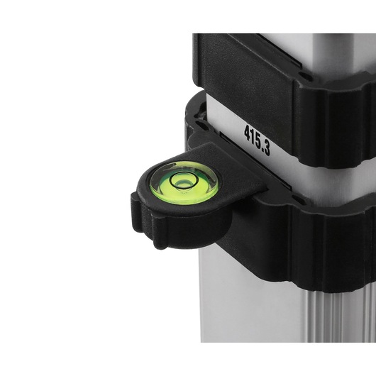 Close-up of a DEWALT photography tripod with a built-in bubble level for accurate positioning.