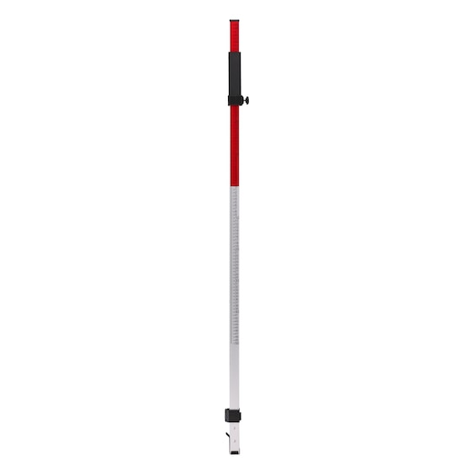 A DEWALT DE0737-XJ telescopic leveling staff for photography and surveying, shown vertically extended with red and white measurement markings and adjustment clamp on a white background.