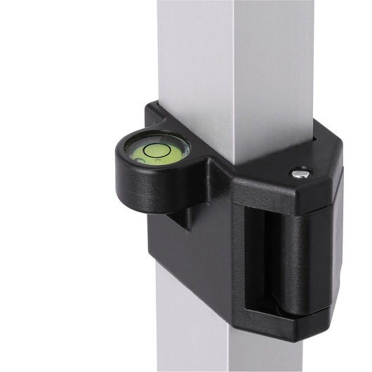 Close-up of a DEWALT adjustable tripod part showing a black and silver clamp with an integrated circular bubble level on a metallic leg.