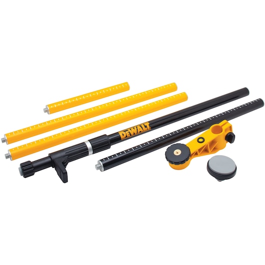 DEWALT adjustable photography pole kit with multiple yellow and black extension rods, mounting attachment, and stabilizer piece, arranged on a white background.