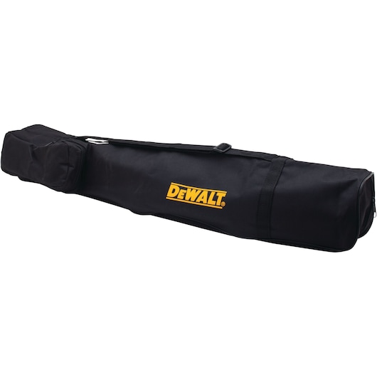 Black DEWALT branded carrying bag with a shoulder strap, designed for transporting tools or equipment. The bag is long and cylindrical with a side pocket and the DEWALT logo in yellow on the side.