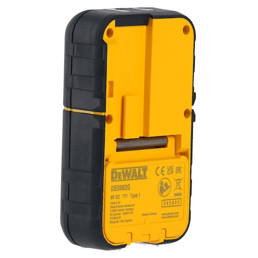 Back view of a DEWALT DE0892G green laser detector for use with line lasers, featuring a yellow and black case.