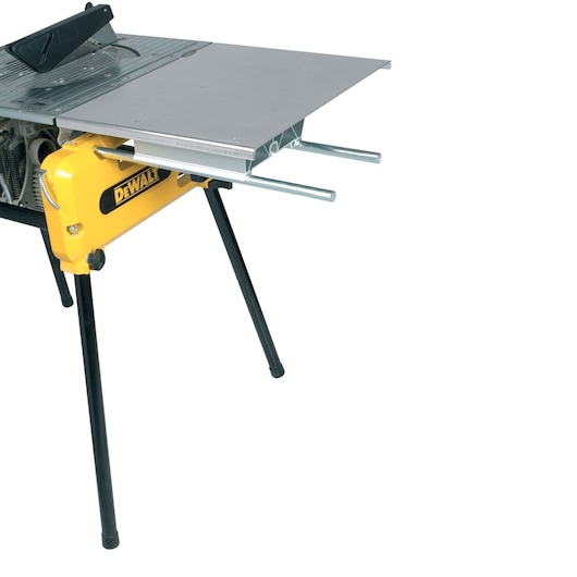 A DEWALT table saw with a yellow base, black legs, and a metal extension table. The saw is shown partially, with the DEWALT logo visible on the side.