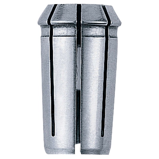 Close-up of a metal router collet accessory for attaching bits, shown upright on a white background.