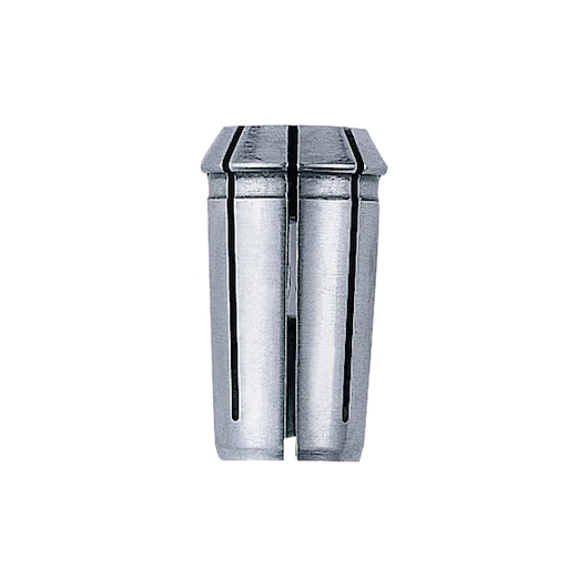 Metal collet for power tool, cylindrical with slots, shown upright on white background.