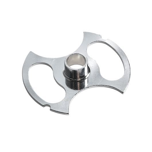 A close-up image of a shiny, metallic DEWALT DE6916 router guide bush, a circular accessory with two large cut-out sections and a central raised hub.