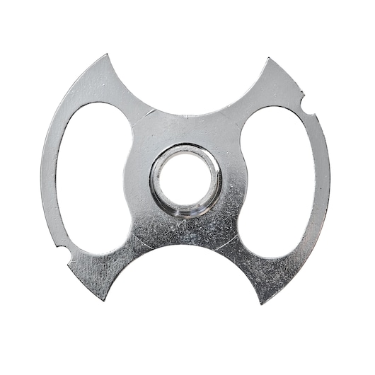 A close-up of a DEWALT DE6916 shiny metal template guide plate with a circular center hole and two elongated cutouts, used for woodworking routing.