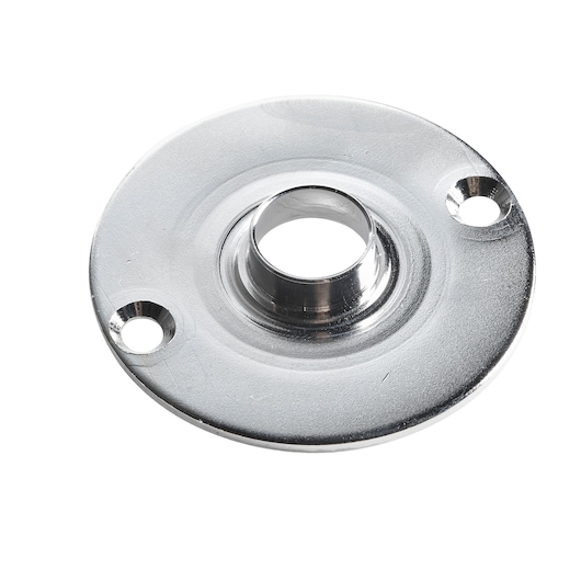 Round metallic DEWALT router base plate with two screw holes and center opening on a white background.