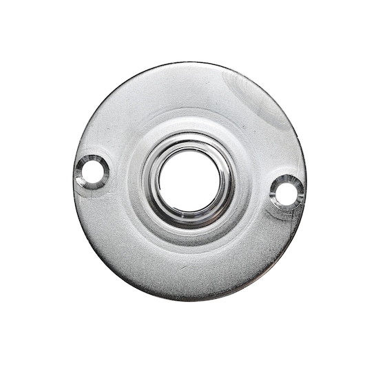 Round clear router base plate with a central hole and two mounting holes from DEWALT, used in woodworking tools.