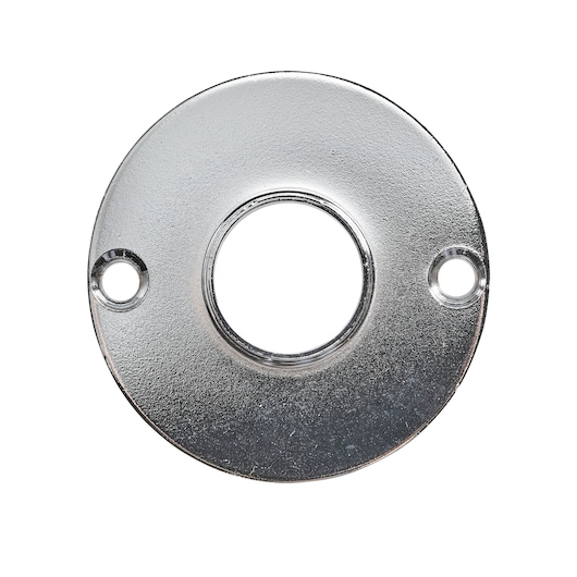 Metal round router base plate with two mounting holes and a central opening.