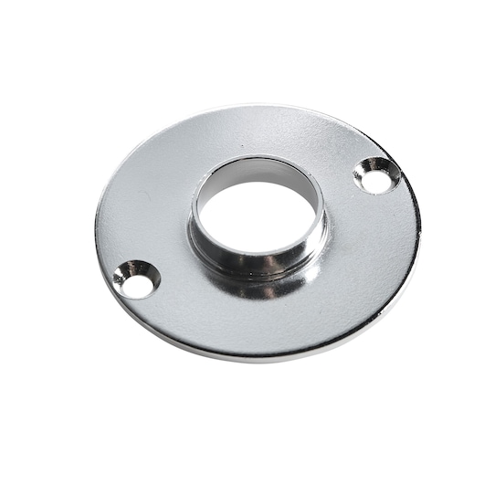 Metal router guide plate with two mounting holes and a central opening, used for woodworking tools.