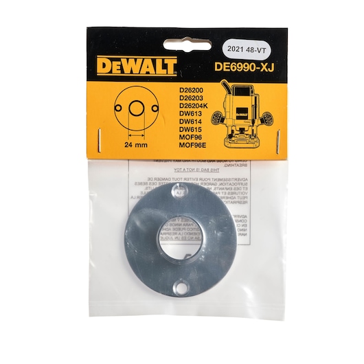 DEWALT DE6990 24mm router guide plate accessory in retail packaging, compatible with several models.