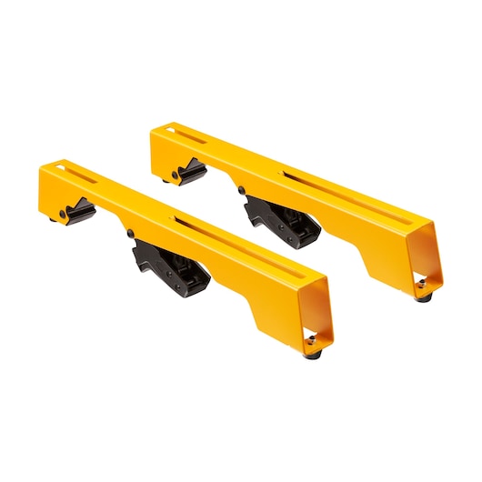 Two yellow DEWALT metal brackets for photography equipment, shown on a white background.