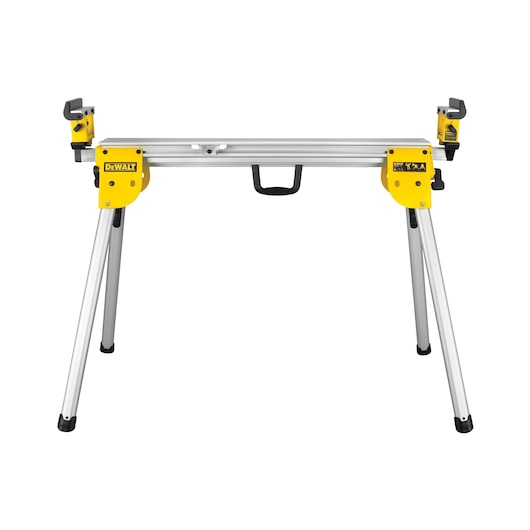 A DEWALT DE7033 lightweight aluminum mitre saw stand with foldable legs and yellow end brackets, designed for supporting mitre saws during cutting tasks.