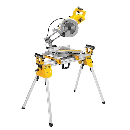DEWALT miter saw mounted on a yellow and silver foldable stand, shown against a white background.
