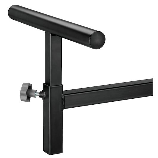 Close-up of a black metal saw stand extension part with a horizontal cylindrical support bar and an adjustment knob, designed for use with a DEWALT saw stand.