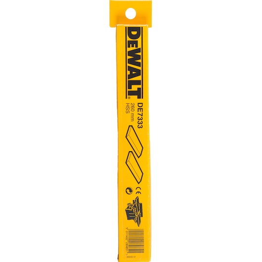 DEWALT DE7333 260mm HSS blades in yellow packaging, suitable for woodworking equipment. The packaging features the DEWALT logo and product illustrations.