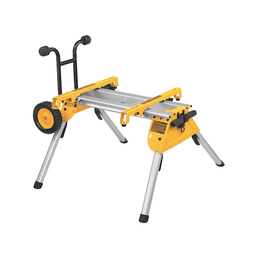 A DEWALT portable miter saw stand with two wheels, four foldable legs, and a yellow and silver frame.