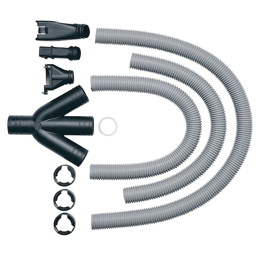 A set of DEWALT photography accessories including three corrugated hoses, a Y-shaped connector, three different nozzle adapters, three circular rings, and a small white ring, all arranged neatly on a white background.