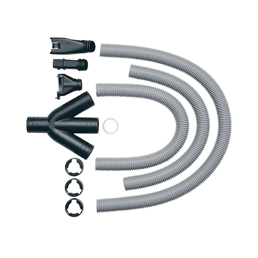 A set of DEWALT vacuum accessories including three flexible corrugated hoses, various black plastic connectors, adapters, couplings, a Y-shaped connector, and a small white ring. The components are arranged neatly on a white background.