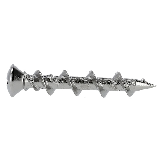 Close-up of a metal screw with a flat head and coarse threads on a white background.