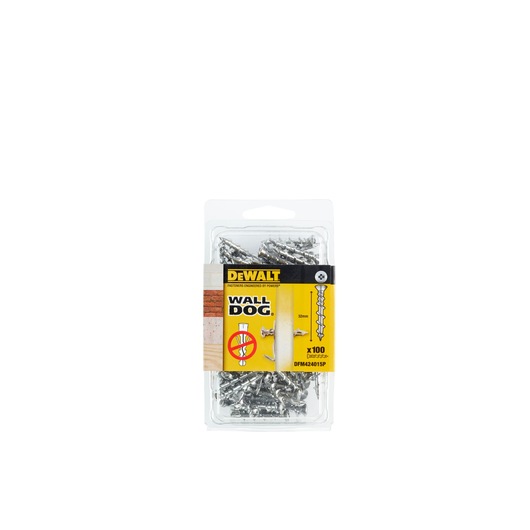 Pack of DEWALT Wall Dog fasteners, model DFM424015P, containing 100 silver screws in a clear plastic package with yellow and black labeling.