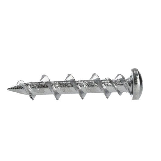 A close-up image of a single silver metal screw with a flat head and sharp threaded body, isolated on a white background.