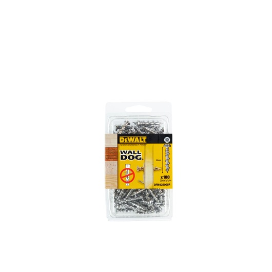 A clear plastic package of DEWALT Wall Dog fasteners (model DFM425005P), containing 100 silver screws, shown with yellow and black labeling. The package displays product information and illustrations for use in masonry, wood, and drywall.