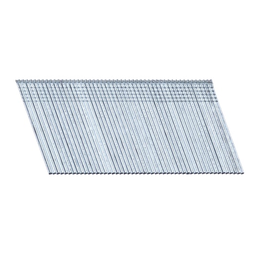 A set of angled, metallic finish nails grouped together for a nail gun, displayed against a white background.