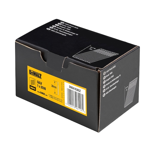 A black and yellow DEWALT box labeled DNBA1638GZ containing 16GA galvanized finish nails, 38mm in length, with a quantity of 2,500 nails per box. The packaging shows product details, a barcode, and illustrations of the nails.