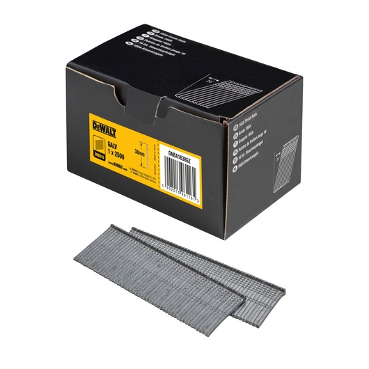 A black box of DEWALT galvanized finish nails, model DNBA1638GZ, with yellow labeling showing specifications (38mm, 2500 nails). In front of the box are several strips of silver nails displayed.