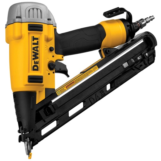 A yellow and black DEWALT branded pneumatic nail gun with a silver top and angled magazine, designed for heavy-duty fastening tasks.