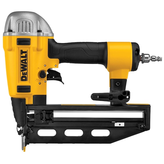 A DEWALT pneumatic nail gun with a yellow and black casing, featuring an ergonomic handle and a metal magazine for nails. The tool is shown in a side view against a white background.