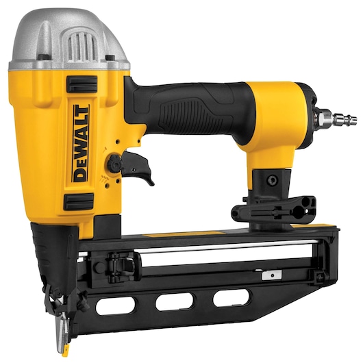 A DEWALT pneumatic nail gun with a yellow and black body, featuring an ergonomic handle and visible air connector, designed for use in construction and carpentry.