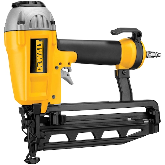 A DEWALT pneumatic nailer tool with a yellow and black body, metal and plastic parts, designed for driving nails, shown in a side view.