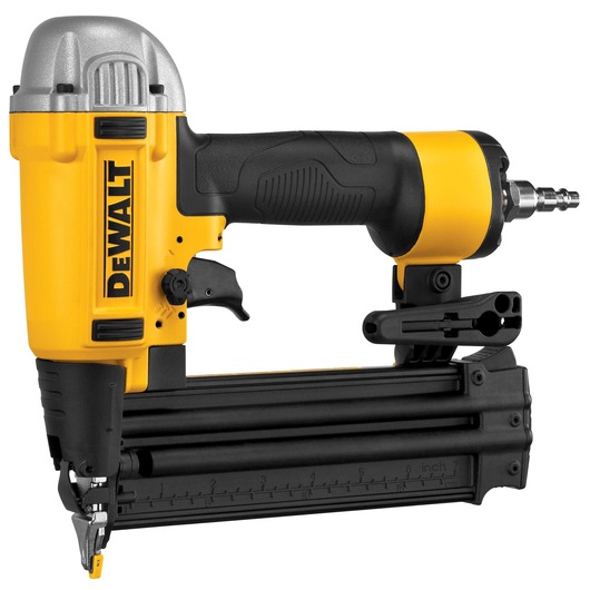 A DEWALT pneumatic nail gun with a yellow and black body, designed for precise nailing tasks. The tool has a comfortable grip handle and an air hose connector at the rear.