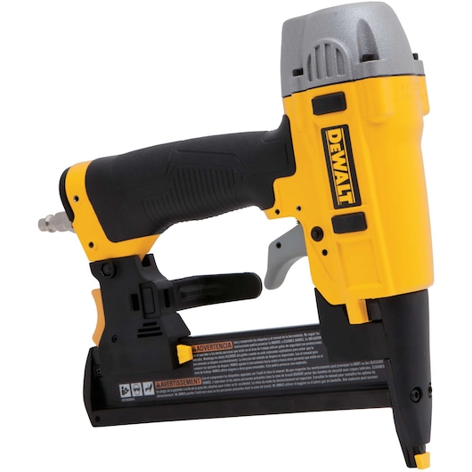 A DEWALT pneumatic nail gun with a yellow and black design, featuring a handle, trigger, and labeled safety warnings on the base.