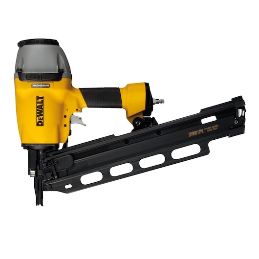 A DEWALT pneumatic framing nailer with a yellow and black body, featuring the model number DPN9017PL. The nailer has a magnesium construction and is designed for use with plastic collated framing nails.