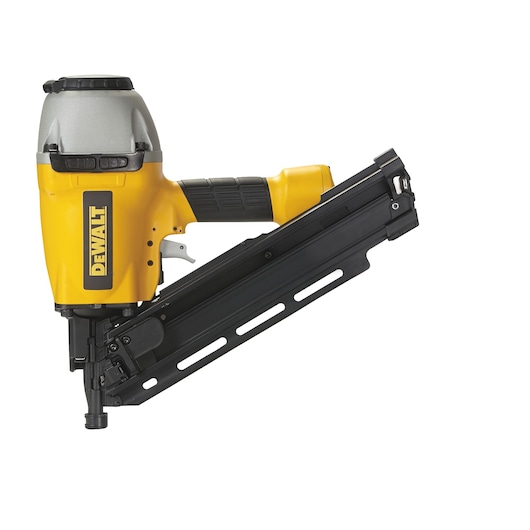 DEWALT yellow and black framing nailer tool with ergonomic handle, angled magazine, isolated on white background.