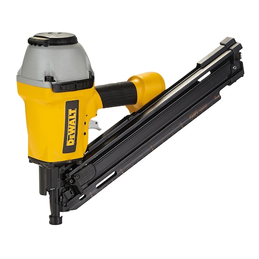 A yellow and black DEWALT pneumatic nail gun with a silver top and angled magazine, shown against a white background.