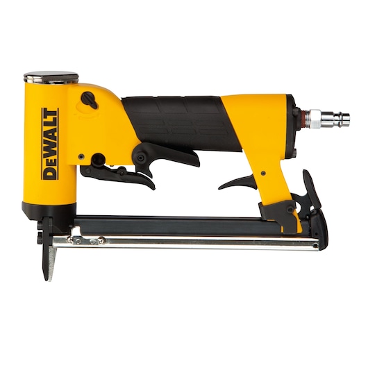 A close-up image of a DEWALT yellow and black pneumatic stapler tool, showing its trigger, handle, and metal components against a white background.