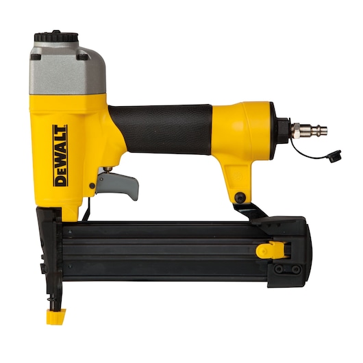 A DEWALT pneumatic nail gun with a black handle and yellow body, designed for driving nails into surfaces. The tool is shown from the side, displaying its trigger, magazine, and air connector.