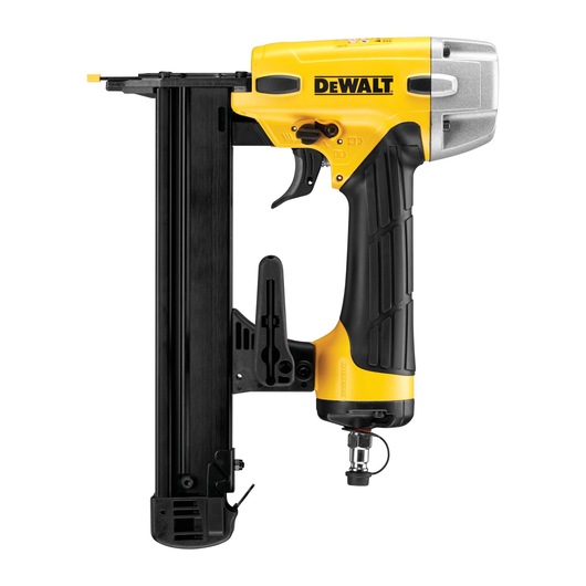 A DEWALT branded pneumatic nail gun with a yellow and black handle, shown from the side on a white background.